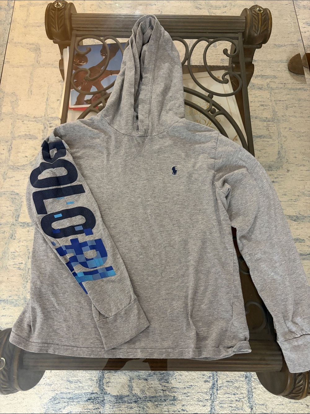 Polo by Ralph Lauren Heather Gray Hoodie with Navy and Blue Sleeve Graphics